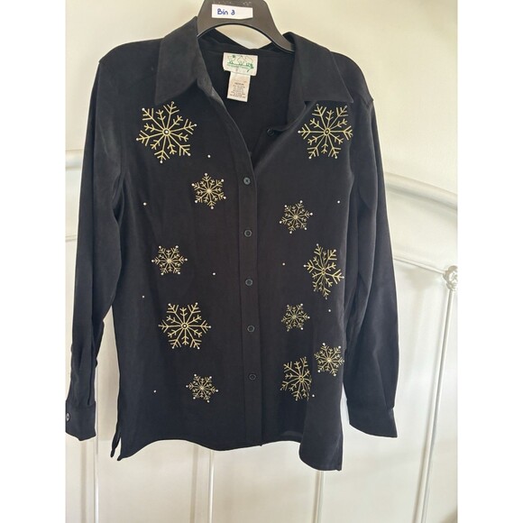 Quaker Factory Black Suit Set Jacket Gold Snowflakes Black Pants Medium - Picture 2 of 9
